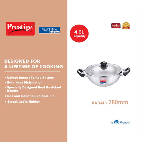 Prestige Platina Popular Stainless Steel Kadai 28Cm/4.6L