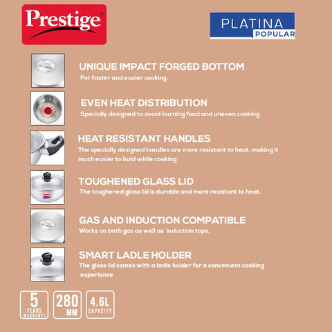 Prestige Platina Popular Stainless Steel Kadai 28Cm/4.6L