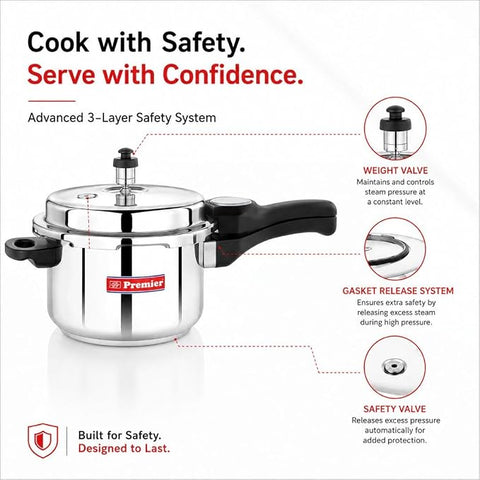 Premier Comfort Stainless Steel Pressure Cooker 3 Litre | Sandwich Bottom | Induction & Gas Compatible