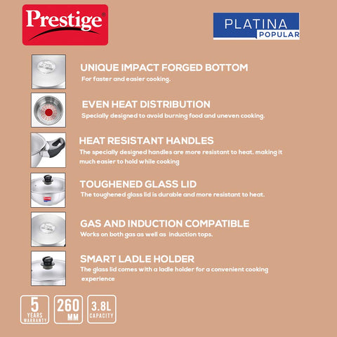 Prestige Platina Popular Stainless Steel Kadai 26Cm/3.8L