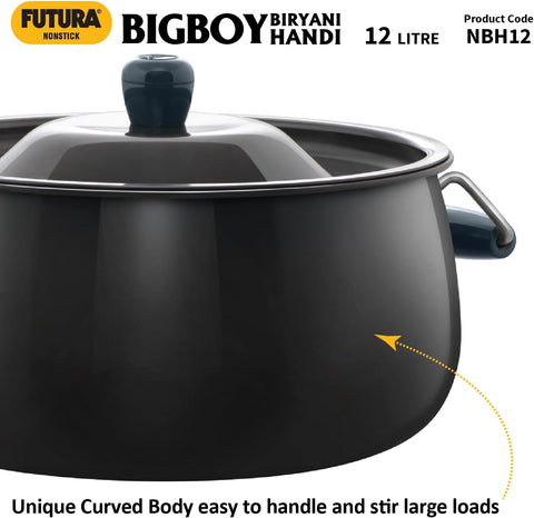 Hawkins Futura 12 Litre BigBoy Biryani Handi, Non Stick Pot with Hard Anodised Lid, Sauce Pan for Cooking and Serving Biriyani