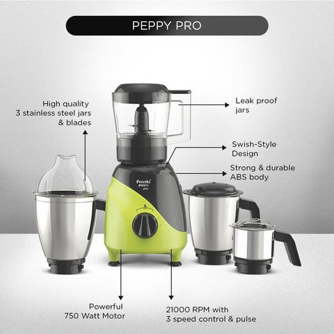 Preethi Peppy Pro 750W Mixer Grinder - Green/Black (MG 247)