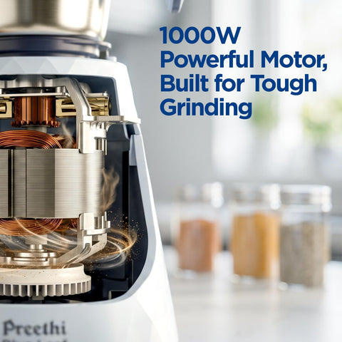 Preethi Blue Leaf Titanium 1000W Grinder | 7 Jars (4 Stainless Steel Jars, Juicer, Blender), Superfine Grinding for Masalas, Chutneys and Batters