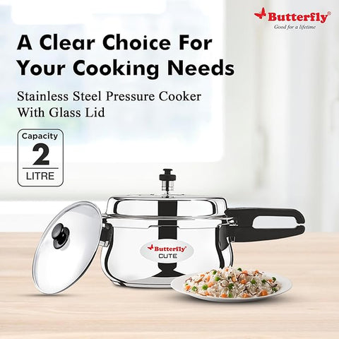 Butterfly Cute Stainless Steel pressure Cooker with Glass Lid 2 Lit