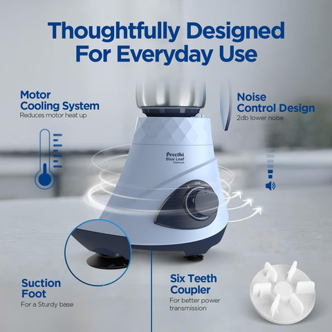 Preethi Blue Leaf Titanium 1000W Grinder | 7 Jars (4 Stainless Steel Jars, Juicer, Blender), Superfine Grinding for Masalas, Chutneys and Batters