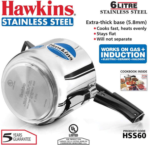 Hawkins Stainless Steel Induction Compatible Pressure Cooker 6Lt