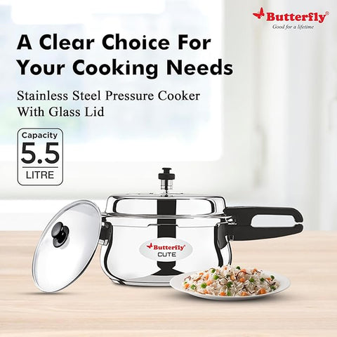 Butterfly Cute Stainless Steel pressure Cooker with Glass Lid 5.5L