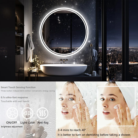Large Round LED Bathroom Vanity Mirror Anti-Fog with Brighter Lights for Makeup Wall Mount Smart Touch - (Delivery estimated 2-3 Weeks)