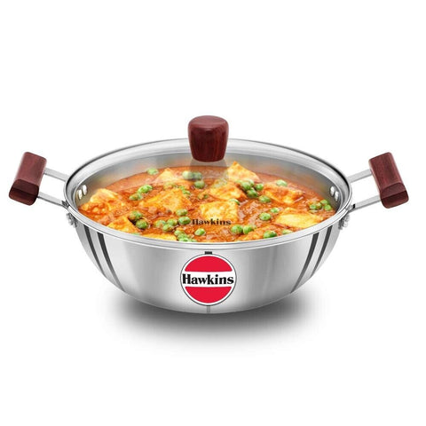 Hawkins Triply Stainless Steel Deep Kadhai With Glass Lid 4lt