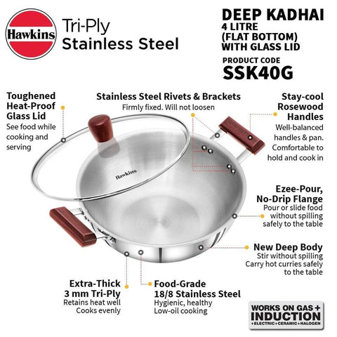 Hawkins Triply Stainless Steel Deep Kadhai With Glass Lid 4lt