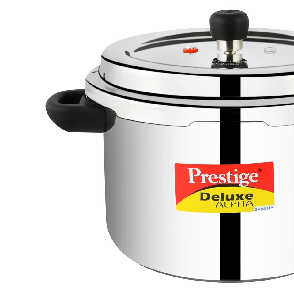 Prestige Deluxe Alpha SVACHH Stainless Steel Pressure Cooker 6.5 Litre Indian Grinders