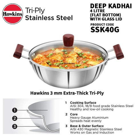 Hawkins Triply Stainless Steel Deep Kadhai With Glass Lid 4lt