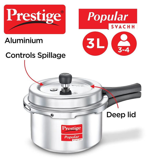 Prestige Popular SVACHH Aluminium Pressure Cooker 3 Litre (LPG stove)